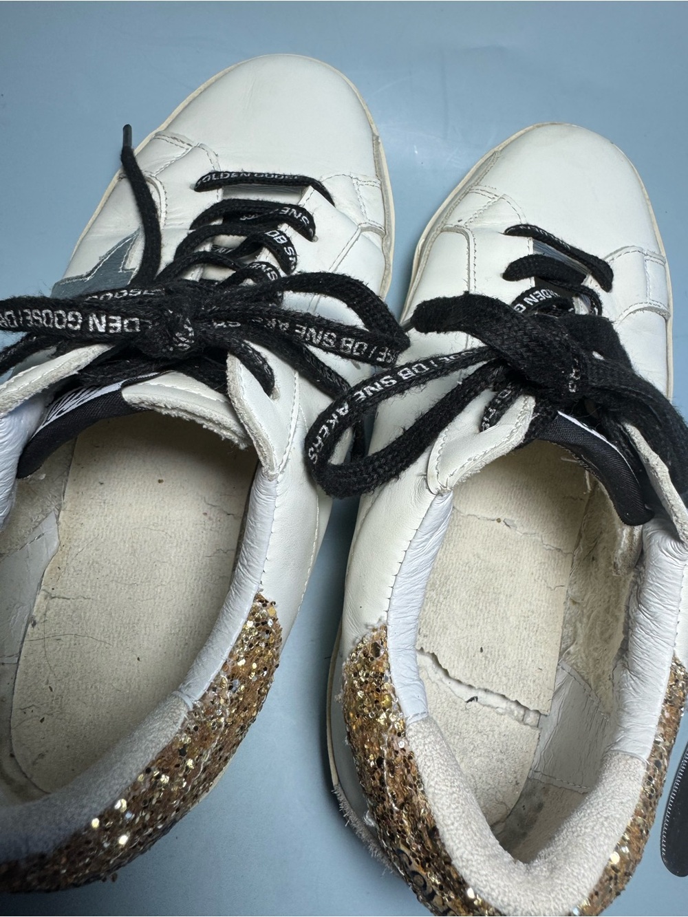 Golden Goose White Leather Sneakers with Silver Star and Gold Glitter Heel SZ 8* - Picture 9 of 13